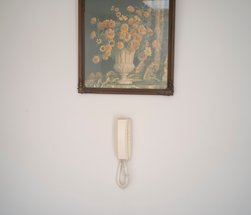 Wall with an old school phone on the wall and a framed image of flowers hanging above
